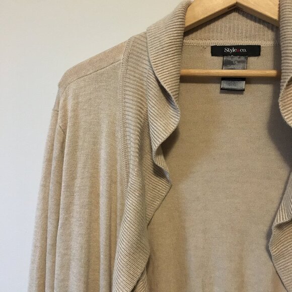 Style & Co. Frilly Ruffle Hem Tan Open Cardigan - Picture 4 of 10